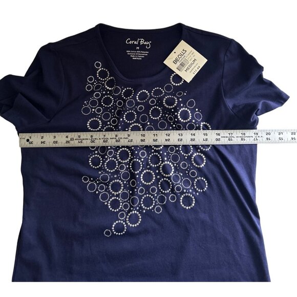 Coral Bay Women's Short Sleeve Navy Top With Rhinestone Circle Design, Size Med - Picture 5 of 7